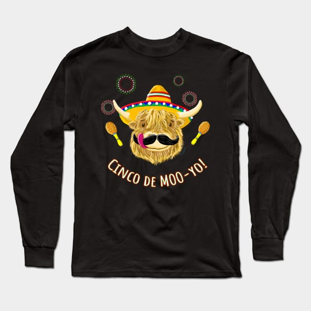 Scottish Highland Cow Celebrates Cinco De Mayo Long Sleeve T-Shirt by brodyquixote